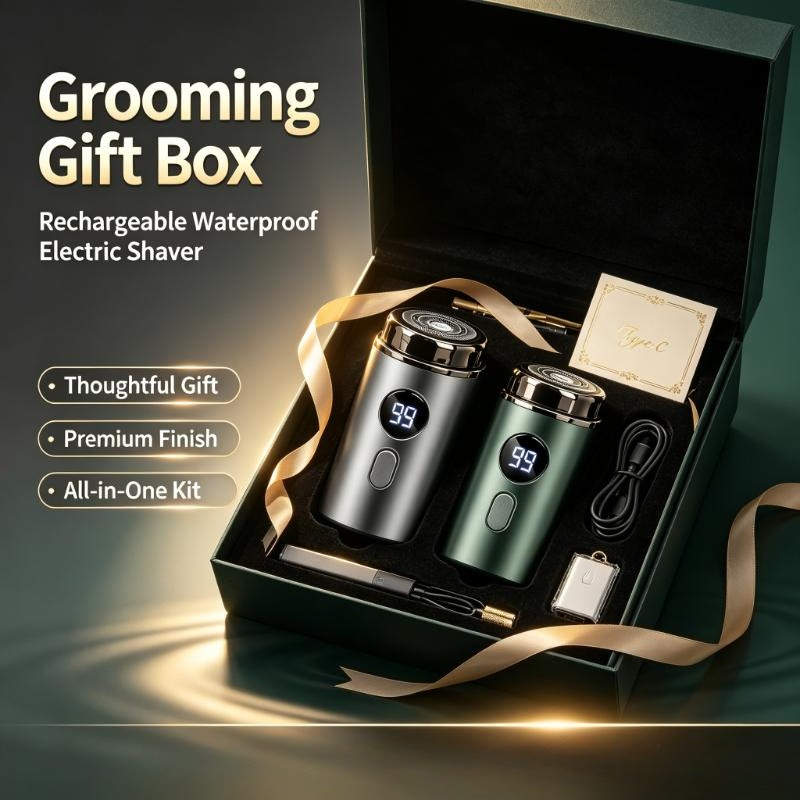 Mens Grooming Box - USB充電式防水電気シェーバー（男性用）、LEDディスプレイ付き、携帯用トラベルシェーバー、ワイヤレスグルーミングツール、ギフトボックス入り