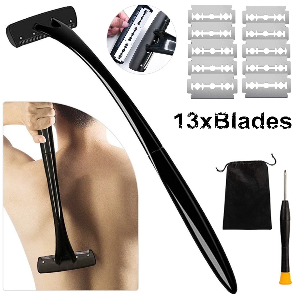 Men Grooming Full Body - 男性用ロングハンドル背中シェーバー、延長ハンドル付き全身脱毛用カミソリ、背中、胸、肩、腕、脚用のウェット＆ドライボディグルーマー、簡単DIYメンズグルーミングツール