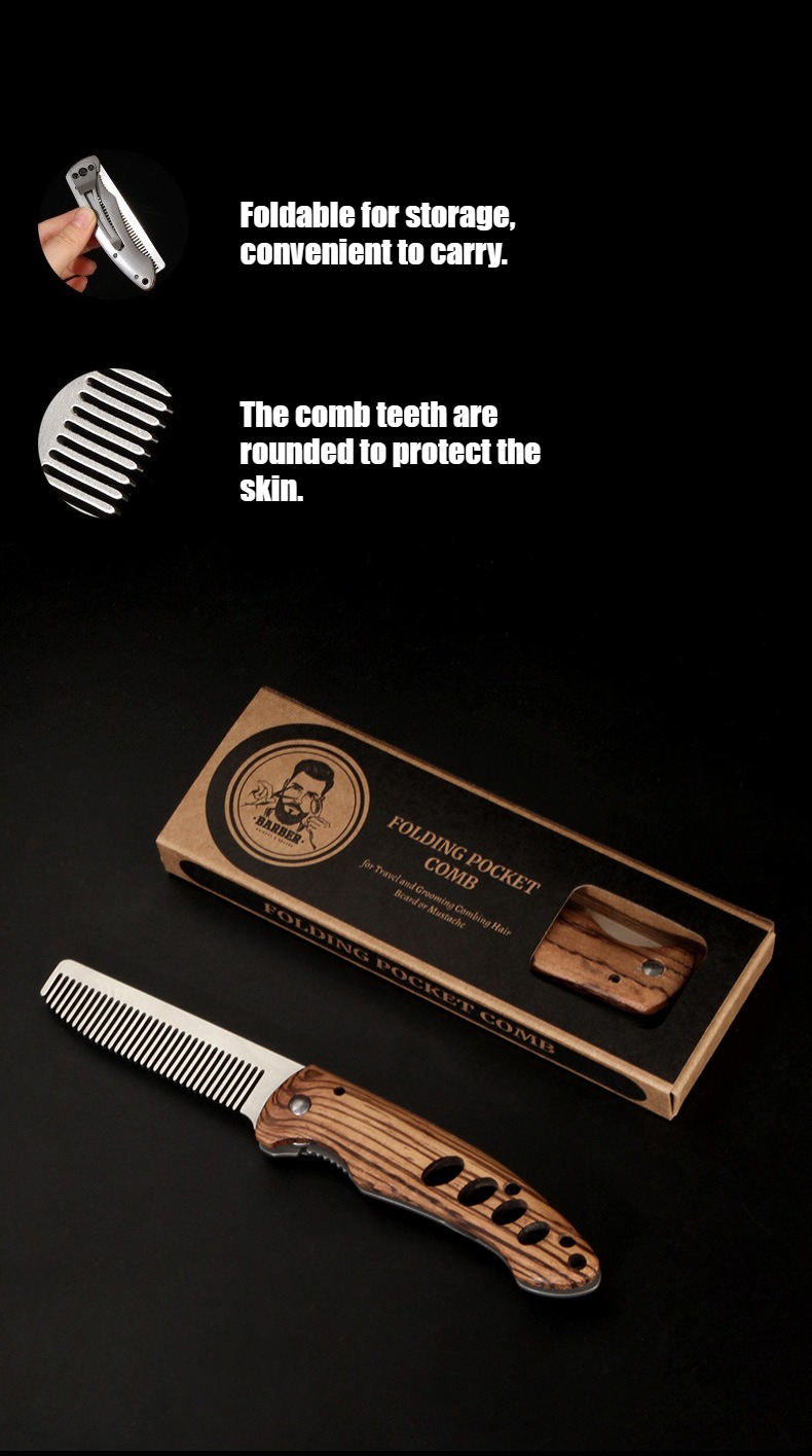無垢材と金属製の折りたたみ式髭櫛（男性用）、携帯用ポマドール - Mens Grooming Box のレビューと価格